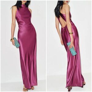 NEW Reformation Anaiis Long Silk Dress Hibiscus Tea Dark Pink Magenta | US 4 UK8